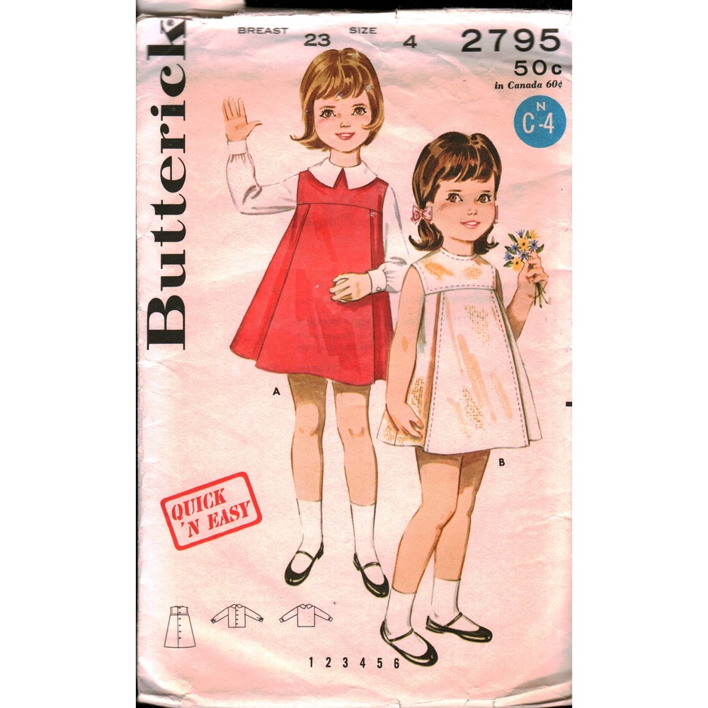 Vintage Butterick 2795 Girls Dress Jumper Blouse Sewing Pattern Size 4 Breast 23